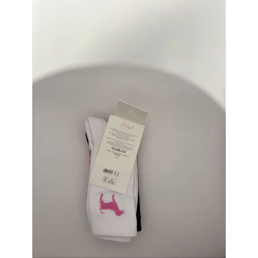 PINK Victoria’s Secret 2-Pack Crew Socks White Black One Size NWT